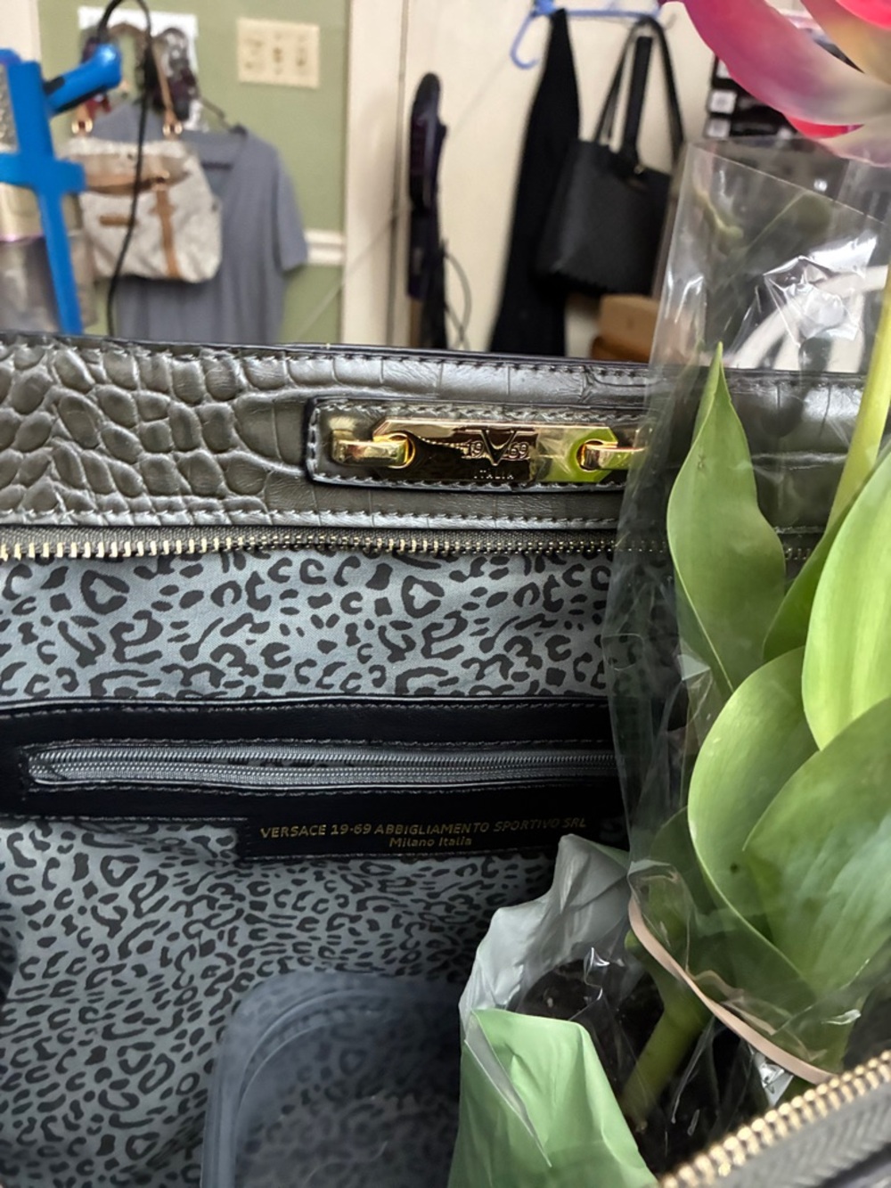 Versace Olive Croc-Embossed Tote with Leopard-Print Interior and Gold Hardware